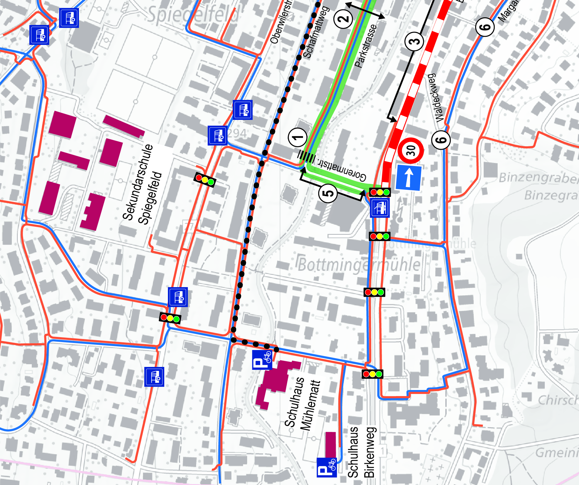 Situationsplan mit Umleitungsrouten der Schulwege am Spiesshöfli