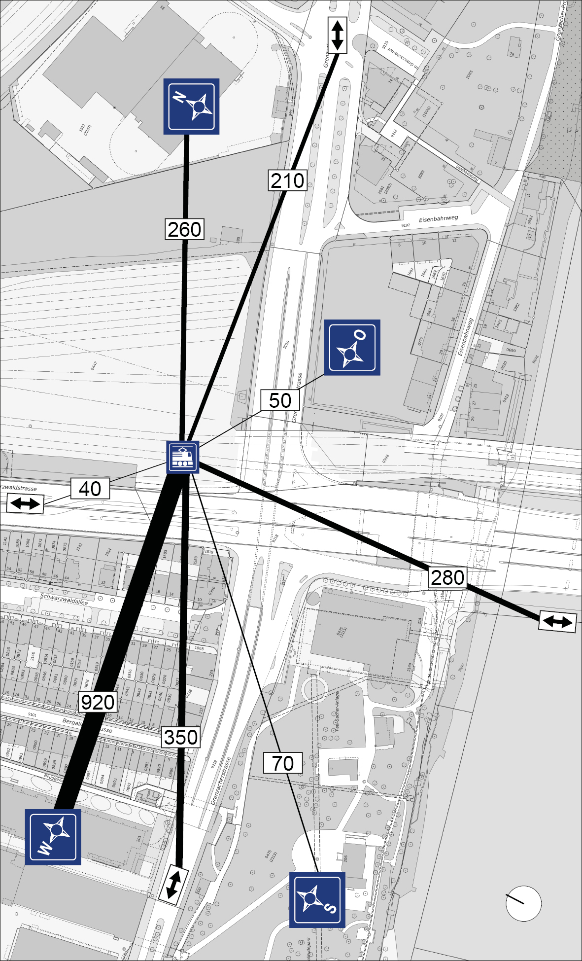Fussgängerströme am Knoten Grenzacherstrasse / Schwarzwaldstrasse