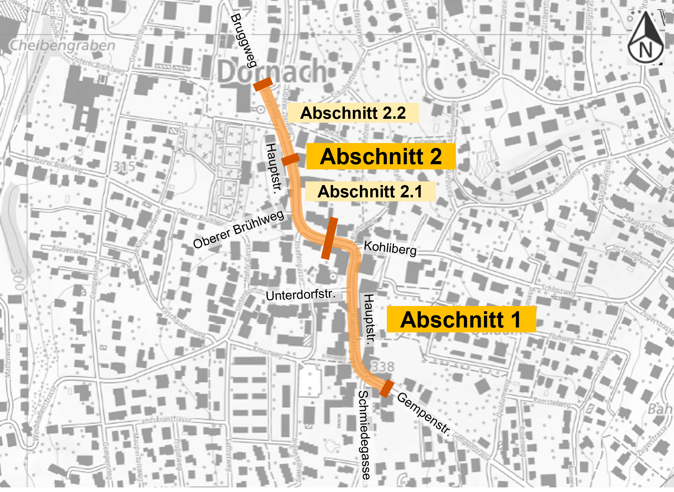 Situationsplan Oberdornach mit Abschnitten für Tempo 30-Einführung